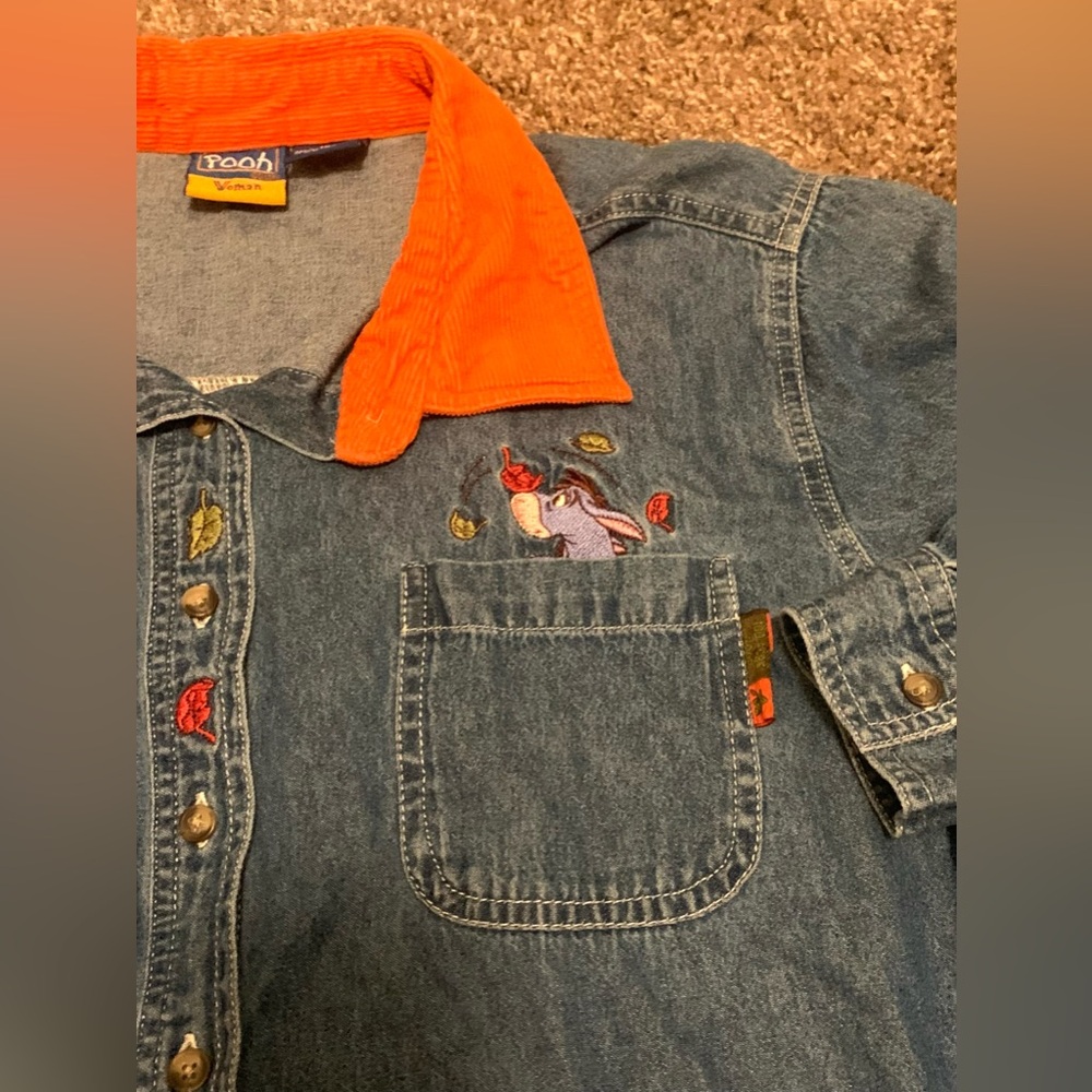 Winnie the Pooh Eeyore Denim Shirt with Orange Collar and Embroidery